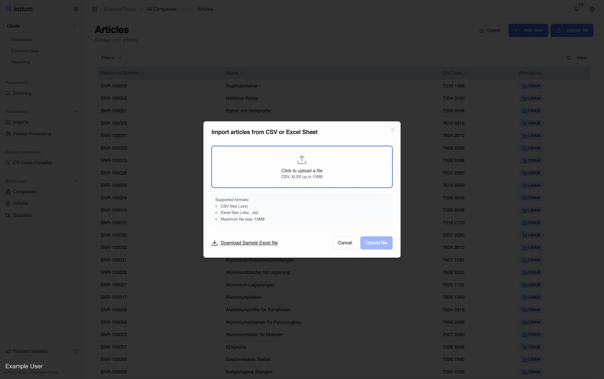 Articles upload template and validation