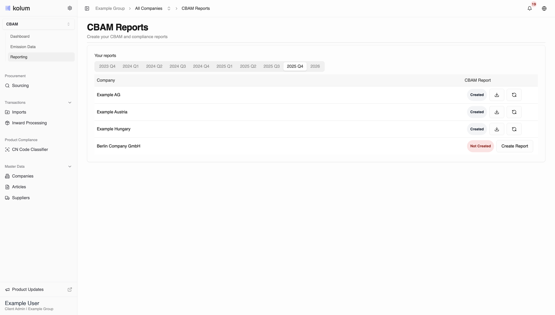 Creating a CBAM report from the Reporting section